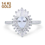 14K White Gold Pear Engagement Ring Baguette Simulated Cubic Zirconia Size-7