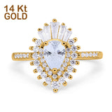 14K Yellow Gold Pear Engagement Ring Baguette Simulated Cubic Zirconia Size-7