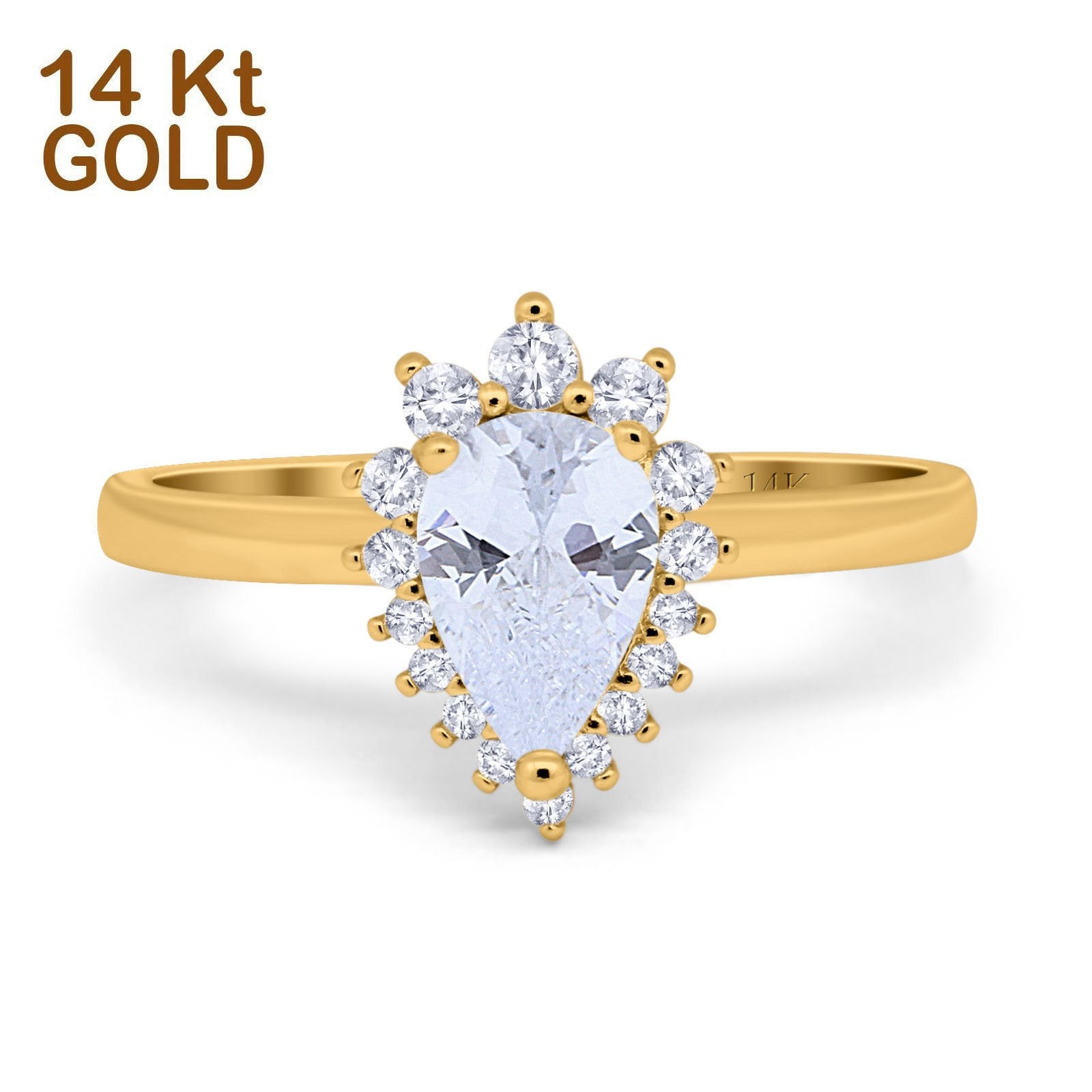 14K Yellow Gold Teardrop Engagement Ring Round Simulated Cubic Zirconia Size-7