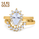 14K Yelow Gold Teardrop Two Piece Art Deco Simulated CZ Wedding Ring Curved Band Size-7