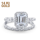 14K White Gold Emerald Cut Bridal Set Ring Band Engagement Two Piece Simulated CZ Size-7