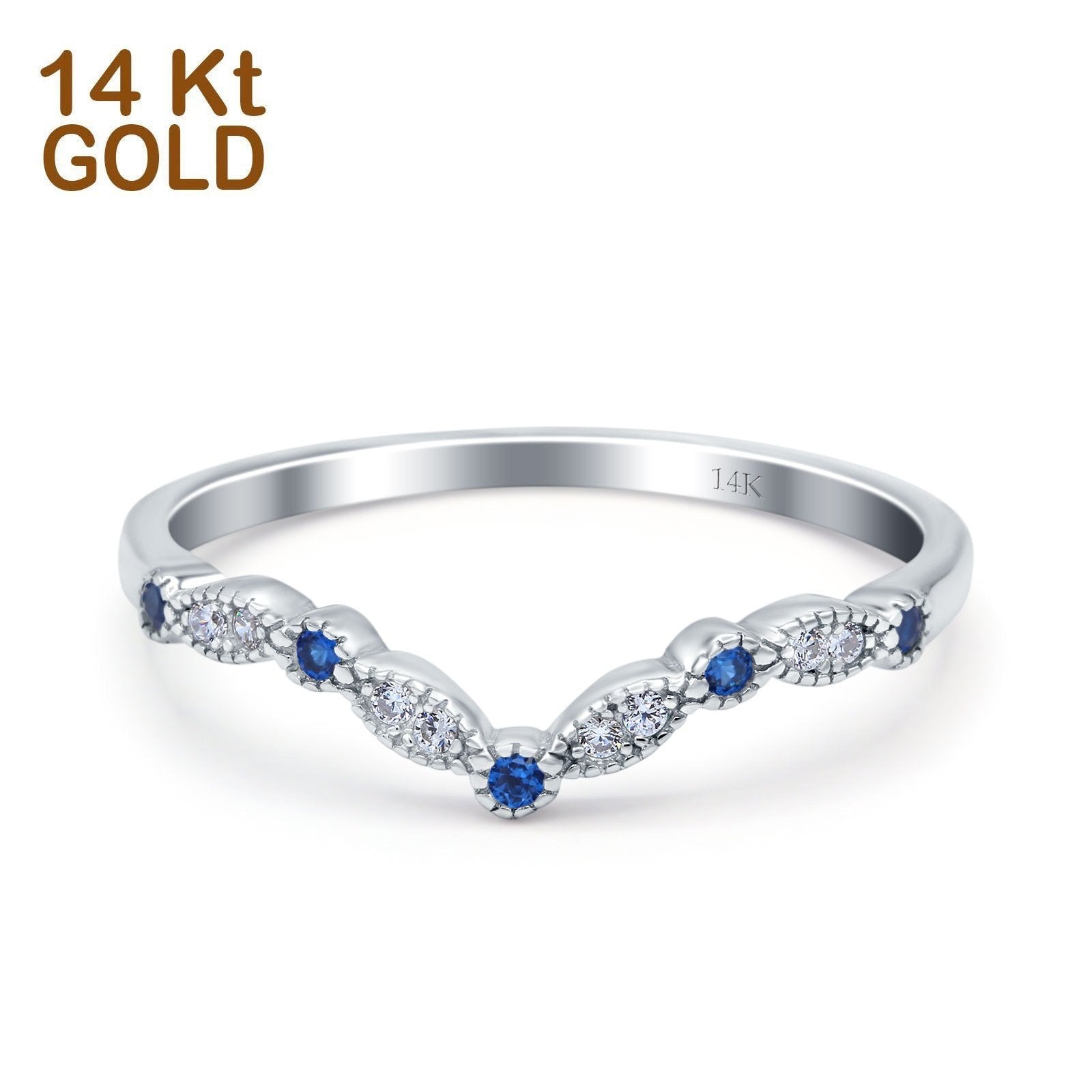 14K White Gold Curved Marquise Half Eternity Stackable Ring Simulated Blue Sapphire CZ Size-7