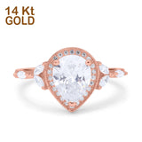 14K Rose Gold Teardrop Pear Art Deco Engagement Wedding Bridal Halo Ring Round Marquise Simulated CZ Size-7