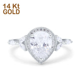 14K White Gold Teardrop Pear Art Deco Engagement Wedding Bridal Halo Ring Round Marquise Simulated CZ