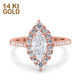 14K Rose Gold Halo Marquise Art Deco Bridal Wedding Engagement Ring Simulated CZ Size-7