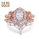 14K Rose Gold Wedding Band Bridal Ring Oval Accent Vintage Simulated Cubic Zirconia Size-7