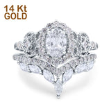 14K White Gold Wedding Band Bridal Ring Oval Accent Vintage Simulated Cubic Zirconia