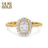 14K Yellow Gold Vintage Art Deco Halo Oval Engagement Ring Simulated Cubic Zirconia