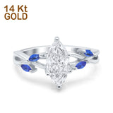 14K White Gold Infinity Twist Simulated Blue Sapphire Marquise Art Deco Engagement Wedding Bridal Ring Round Simulated CZ Size-7