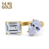 14K Yellow Gold Open Teardrop Pear Emerald Cut Wedding Bridal Simulated Cubic Zirconia Cocktail Ring Size-7
