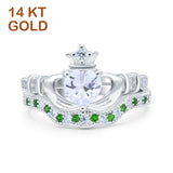 14K White Gold Claddagh Accent Heart Wedding Bridal Set Piece Green Emerald Simulated Cubic Zirconia Wedding Ring