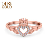 14K Rose Gold Heart Claddagh Art Deco Wedding Ring Simulated Cubic Zirconia Size-7