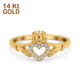 14K Yellow Gold Heart Claddagh Art Deco Wedding Ring Simulated Cubic Zirconia