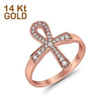 14K Rose Gold Cross Ankh Eternity Wedding Ring Round Cubic Zirconia