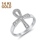 14K White Gold Cross Ankh Eternity Engagement Ring Round Simulated Cubic Zirconia Size 7