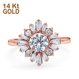 14K Rose Gold Halo Floral Style Vintage Art Deco Wedding Engagement Ring Baguette Round Simulated Cubic Zirconia Size-7
