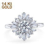 14K White Gold Halo Floral Style Vintage Art Deco Wedding Engagement Ring Baguette Round Simulated Cubic Zirconia Size-7