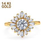 14K Yellow Gold Halo Floral Style Vintage Art Deco Wedding Engagement Ring Baguette Round Simulated Cubic Zirconia