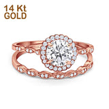 14K Rose Gold Two Piece Round Wedding Ring Bridal Set Band Engagement Simulated CZ Size-7
