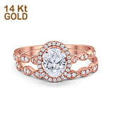 14K Rose Gold Halo Bridal Set Piece Oval Engagement Wedding Ring Simulated CZ Size-7
