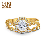 14K Yellow Gold Halo Bridal Set Piece Oval Engagement Wedding Ring Simulated CZ
