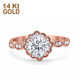 14K Rose Gold Halo Floral Art Deco Engagement Rings Round CZ