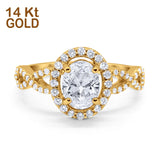 14K Yellow Gold Art Deco Halo Wedding Ring Oval Round Simulated Cubic Zirconia Size-7