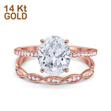 14K Rose Gold Two Piece Oval Wedding Ring Bridal Set Band Engagement Simulated CZ Size-7