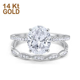 14K White Gold Two Piece Oval Wedding Ring Bridal Set Band Engagement Simulated CZ Size-7