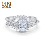 14K White Gold Three Piece Art Deco Bridal Set Band Oval Engagement Wedding Ring Simulated CZ Size-7