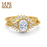 14K Yellow Gold Three Piece Art Deco Bridal Set Band Oval Engagement Wedding Ring Simulated CZ Size-7