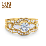 14K Yellow Gold Three Piece Wedding Promise Bridal Set Ring Band Engagement Simulated CZ Size-7