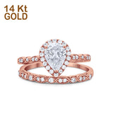 14K Rose Gold Pear Teardrop Bridal Set Ring Band Engagement Piece Simulated CZ Size-7