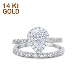 14K White Gold Pear Teardrop Bridal Set Ring Band Engagement Piece Simulated CZ Size-7