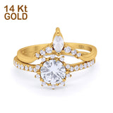 14K Yellow Gold Two Piece Art Deco Bridal Set Ring Band Round Engagement Piece Simulated CZ Size-7