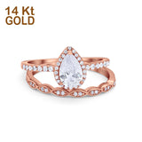 14K Rose Gold Pear Art Deco Teardrop Bridal Set Ring Band Engagement Piece Simulated CZ Size-7