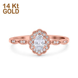 14K Rose Gold Halo Art Deco Oval Bridal Simulated CZ Wedding Engagement Ring Size-7