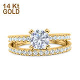 14K Yellow Gold Two Piece Solitaire Accent Round Bridal Set Ring Wedding Engagement Band Simulated CZ Size 7