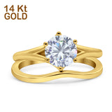 14K Yellow Gold Two Piece Vintage Solitaire Round Bridal Set Ring Wedding Band Simulated CZ Size 7