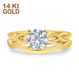 14K Yellow Gold Two Piece Round Solitaire Celtic Bridal Set Ring Wedding Band Simulated CZ Size 7
