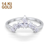 14K White Gold Curved Band Thumb Ring Pear Simulated Cubic Zirconia