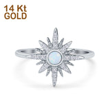 14K White Gold Cluster Starburst Ring Round Lab Created White Opal Bridal Simulated CZ Wedding Engagement Size-7