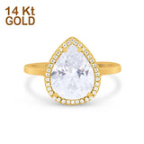 14K Yellow Gold Halo Teardrop Pear Bridal Simulated CZ Wedding Engagement Ring Size 7