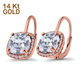 14K Rose Gold Cushion Halo Leverback Earrings Round Cubic Zirconia