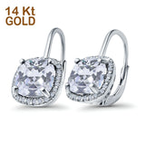 14K White Gold Cushion Halo Leverback Earrings Round Cubic Zirconia
