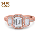 14K Rose Gold Emerald Cut Halo Bridal Wedding Engagement Ring Simulated CZ Size-7