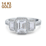 14K White Gold Emerald Cut Halo Bridal Wedding Engagement Ring Simulated CZ Size-7