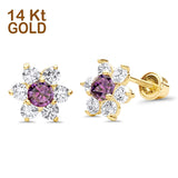 14K Yellow Gold Simulated Amethyst CZ Flower Stud Earrings with Screw Back, Best Anniversary Birthday Gift for Her