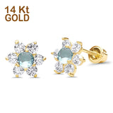 14K Yellow Gold Simulated Aquamarine CZ Flower Stud Earrings with Screw Back, Best Anniversary Birthday Gift for Her