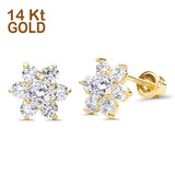 14K Yellow Gold Simulated Cubic Zirconia Flower Stud Earrings with Screw Back, Best Anniversary Birthday Gift for Her